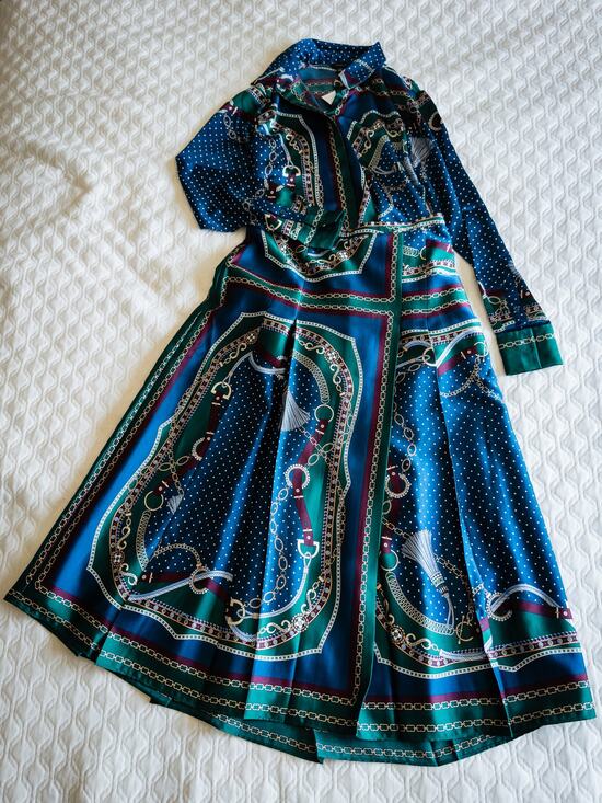 Ann Taylor Other - Ann Taylor NWT Shirt (XS) Full Pleated Skirt (0) Set Navy/Green Chain Print